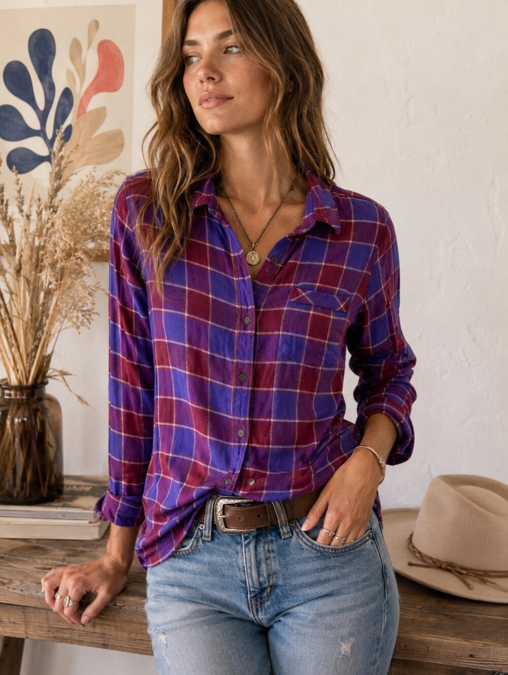 Lucky Brand Plaid Button Up Shirt Small Blue Red Viscose Boho Western